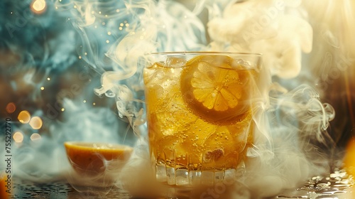 A close-up of a freshly prepared Brazilian capirinha served with subtle smoke hovering in the background. Delicious and refreshing lemon capirinha with ice.