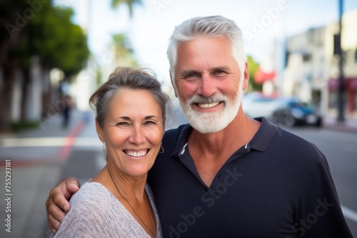 Mature caucasian couple smiling happy face portrait on a street