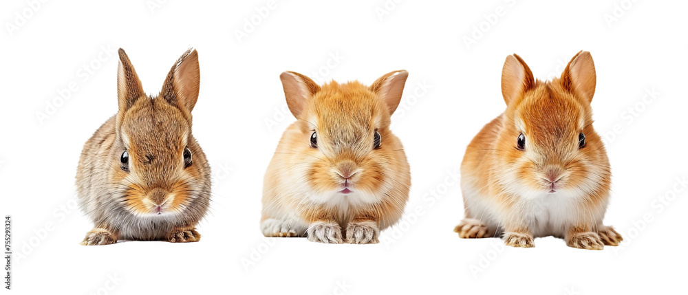 Obraz premium A charming lineup of three different colored rabbits sitting attentively, showcasing their fluffy fur and adorable ears against a clean white backdrop