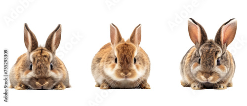 Cute rabbits with varied expressions and poses against a white backdrop, highlighting their distinct personalities and the beauty of small animals