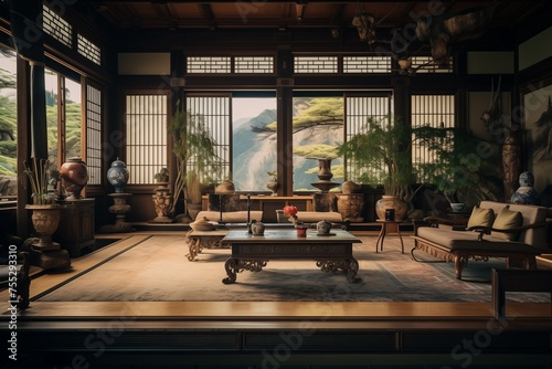 Japanese traditional house living room in mountain photo