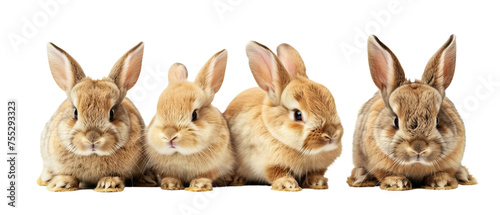 A heartwarming image of a family of rabbits lined up, displaying their cute features and fur textures on a pristine white background