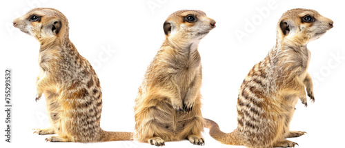 Three vigilant meerkats on alert, standing upright with a keen gaze isolated on a white background, symbolizing curiosity and watchfulness