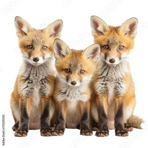 Three red foxes sitting together, digitally manipulated with blurred board to hide faces