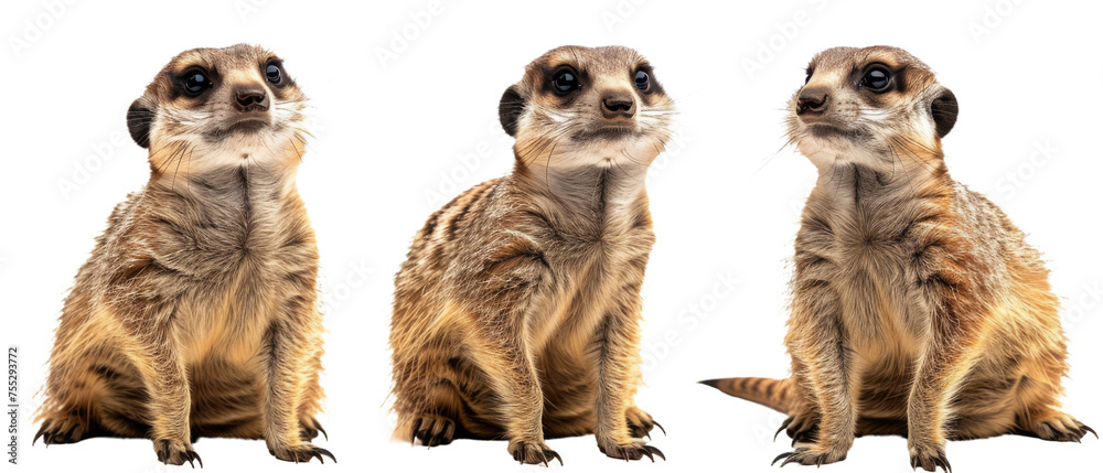 Trio of meerkats with one looking forward while the others turn their heads, separated from the background Trio of meerkats with one looking forward while the others turn their heads, separated from the background