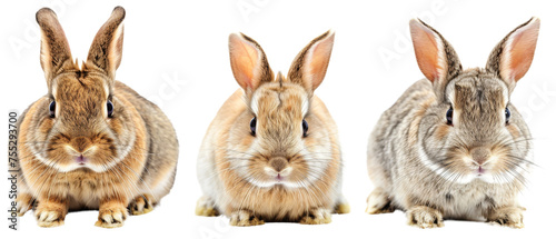 Frontal views of three rabbits with different expressions and poses, set against a white backdrop