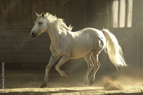 Horse runs gallop in field.
