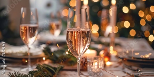 A festive dinner table with sparkling wine and soft bokeh lights, conveying a warm, celebratory atmosphere. © tashechka