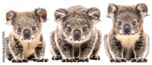 A triplet of irresistible koalas looking directly at the camera with their soft, fluffy ears and grey fur, accentuating their cuddliness © Daniel