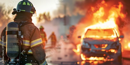 Firefighter in protective gear fighting a raging fire engulfing a car at dusk.