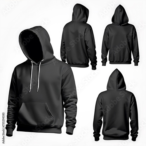 Black hoodie set with front and back view on white background clipping PNG file. Mockup template for art graphic design