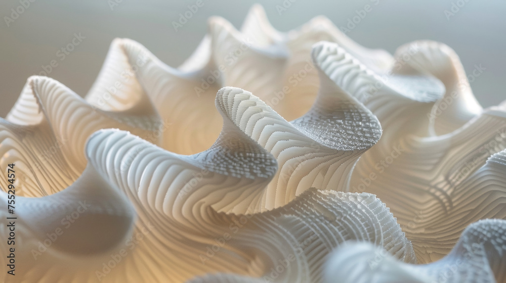 A closeup of a piece of 3D printed material its intricate layers and subtle ridges giving the illusion of movement and depth as the light hits it from different angles. A closeup of a piece of 3D printed material its intricate layers and subtle ridges giving the illusion of movement and depth as the light hits it from different angles.