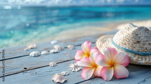 A relaxing beach scene with a straw hat  frangipani flowers  and seashells on weathered wooden planks.