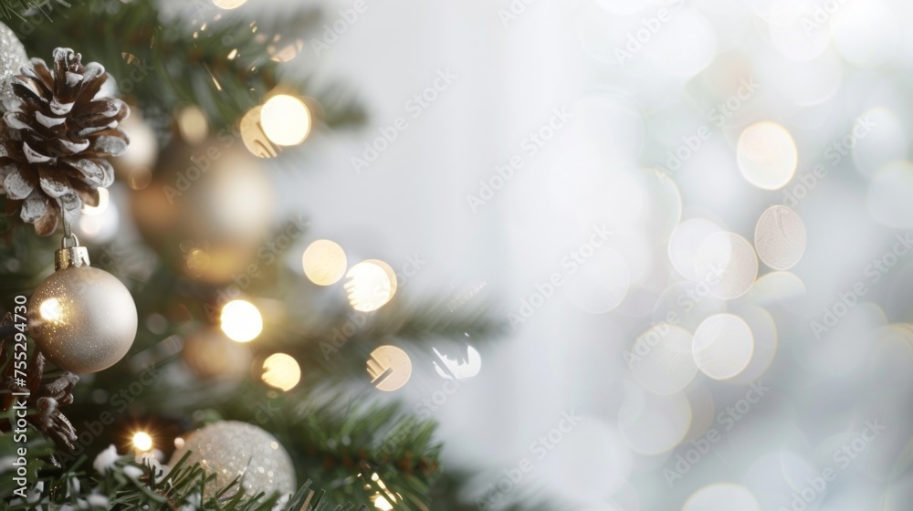 A close-up of a Christmas tree adorned with gold and white baubles, twinkling lights, and snowy pine cones.