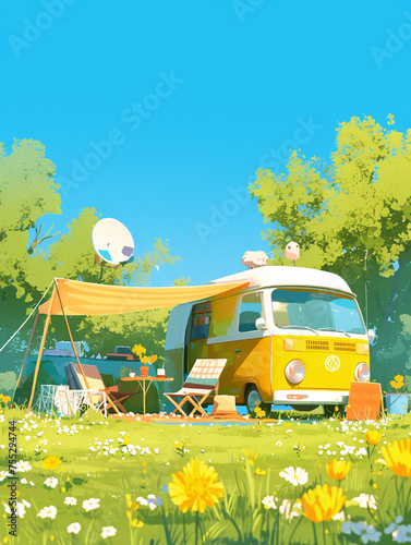 Spring wilderness park camping tent illustration
