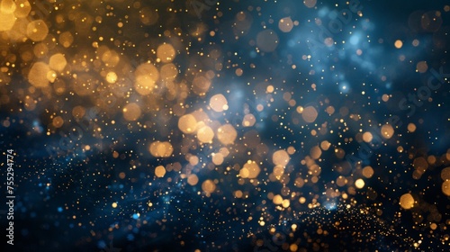 Glittering golden bokeh lights on a dark blue background, creating an abstract festive atmosphere.