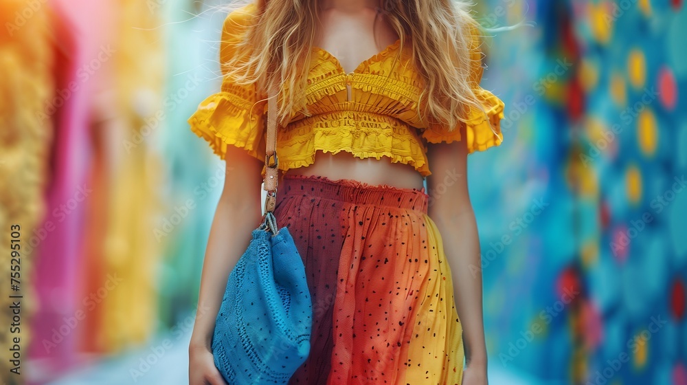 Vibrant Street Fashion: Colorful Ruffled Outfit and Blue Bag - obrazy, fototapety, plakaty 