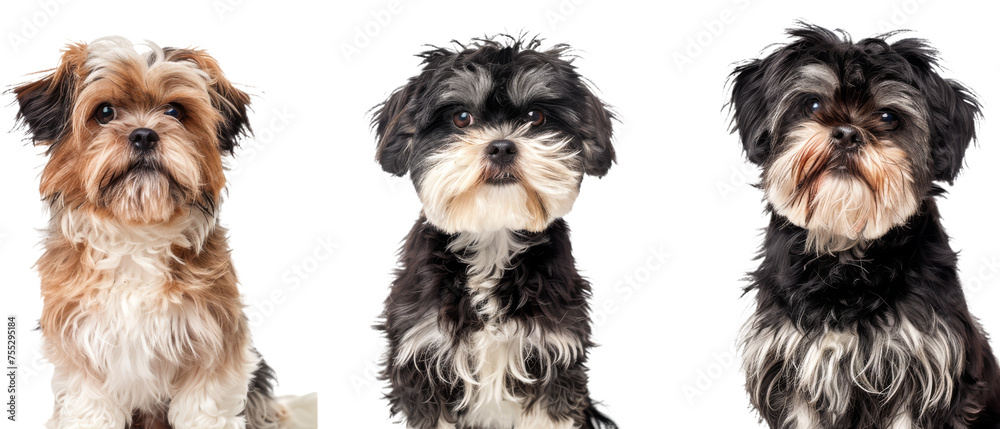 A set of three Yorkshire terrier photos displaying their long silky coats and varied expressions, conveying different personalities