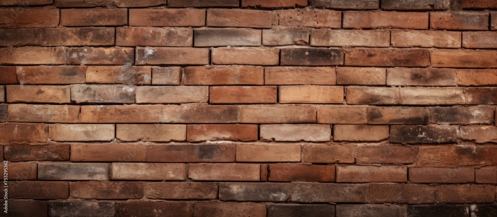 Obraz premium A closeup view of a brown brick wall showcasing the intricate brickwork. The rectangular bricks are made of composite materials, resembling a stone wall facade on a building