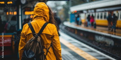 Commuter in bright yellow raincoat stands with back turned at a train station, amidst blurry moving train and passengers. © tashechka