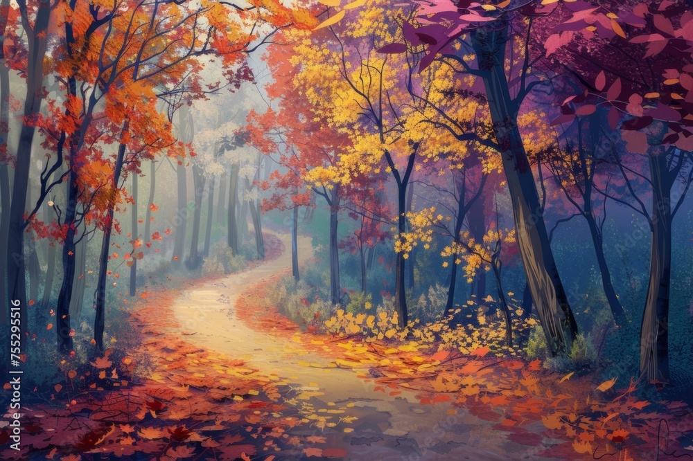 Autumn forest with colorful leaves and winding paths