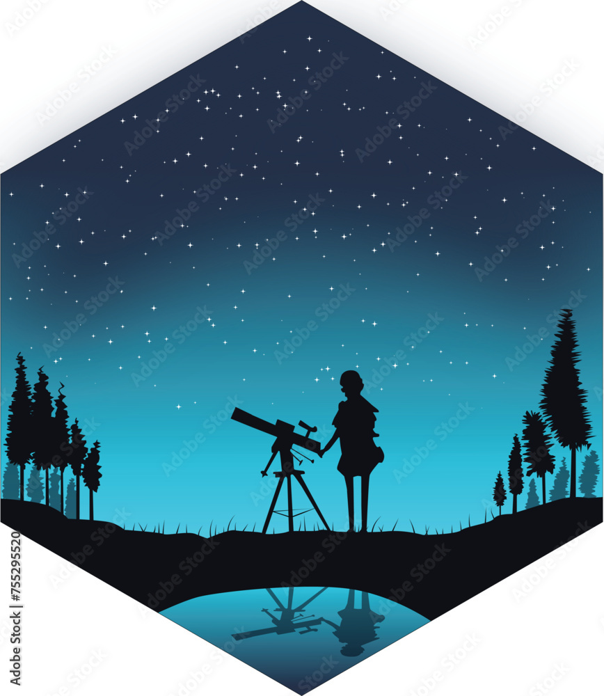 night sky view/ little girl enjoying the view of the night sky using a telescope (hexagonal night view)	
