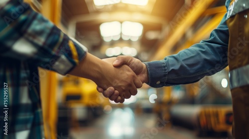 Two people engage in a firm handshake in a warehouse or industrial environment. photo