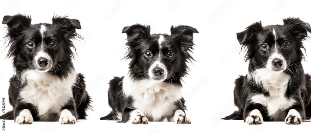 Three images of a cute, black and white Border Collie looking directly into the camera with perked ears and expressive eyes
