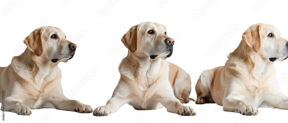 A series of three images featuring a blond dog lying down and looking to the right, with an isolated background A series of three images featuring a blond dog lying down and looking to the right, with an isolated background