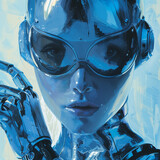 face of a female ai robot wearing eye protection
