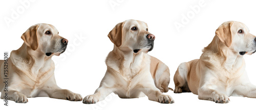 A series of three images featuring a blond dog lying down and looking to the right, with an isolated background