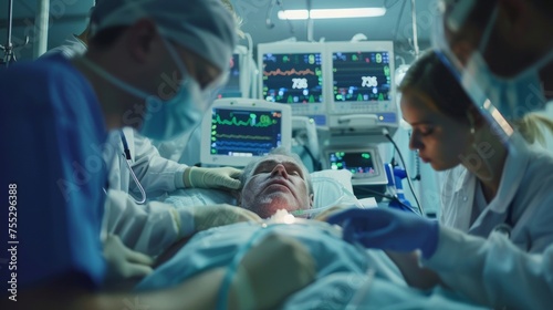 A team of doctors and nurses surround a patient in critical condition working quickly to stabilize them. The monitors beep loudly in the background. photo
