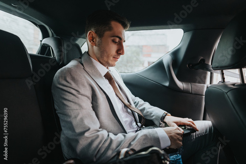 A well-dressed business professional sitting in the backseat of a vehicle, possibly on the way to a meeting. © qunica.com