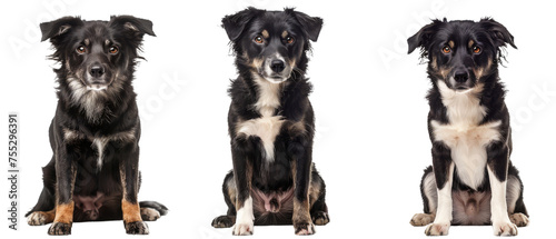 A smart-looking black dog is captured in different poses, showcasing its attentive and playful character