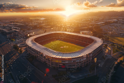 An aerial view of a sports stadium during sunset photo