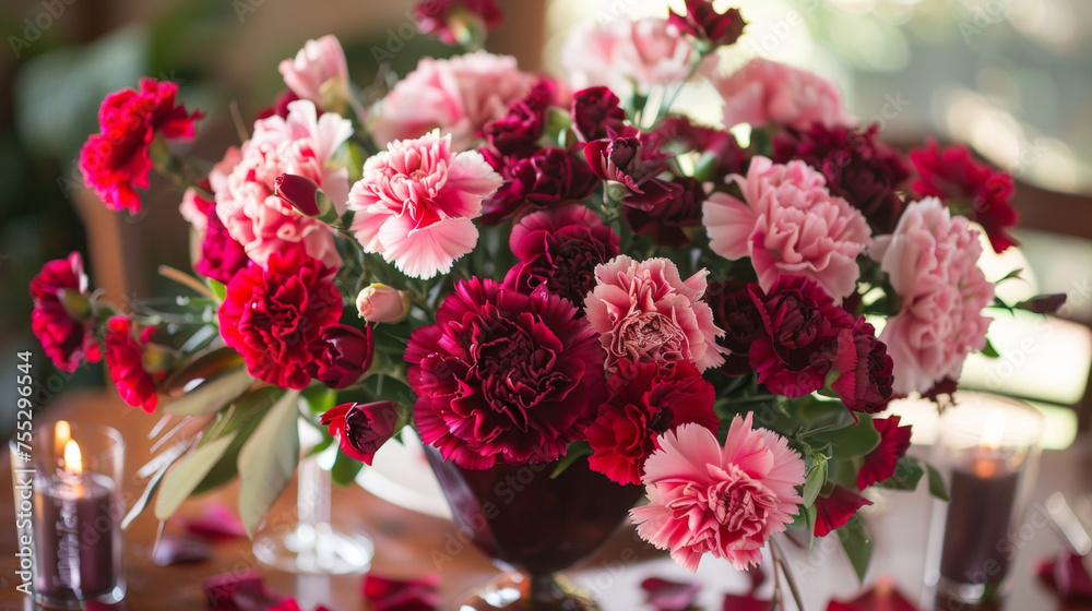 The centerpiece of the table is a stunning bouquet of red and pink carnations symbolizing love admiration and friendship.