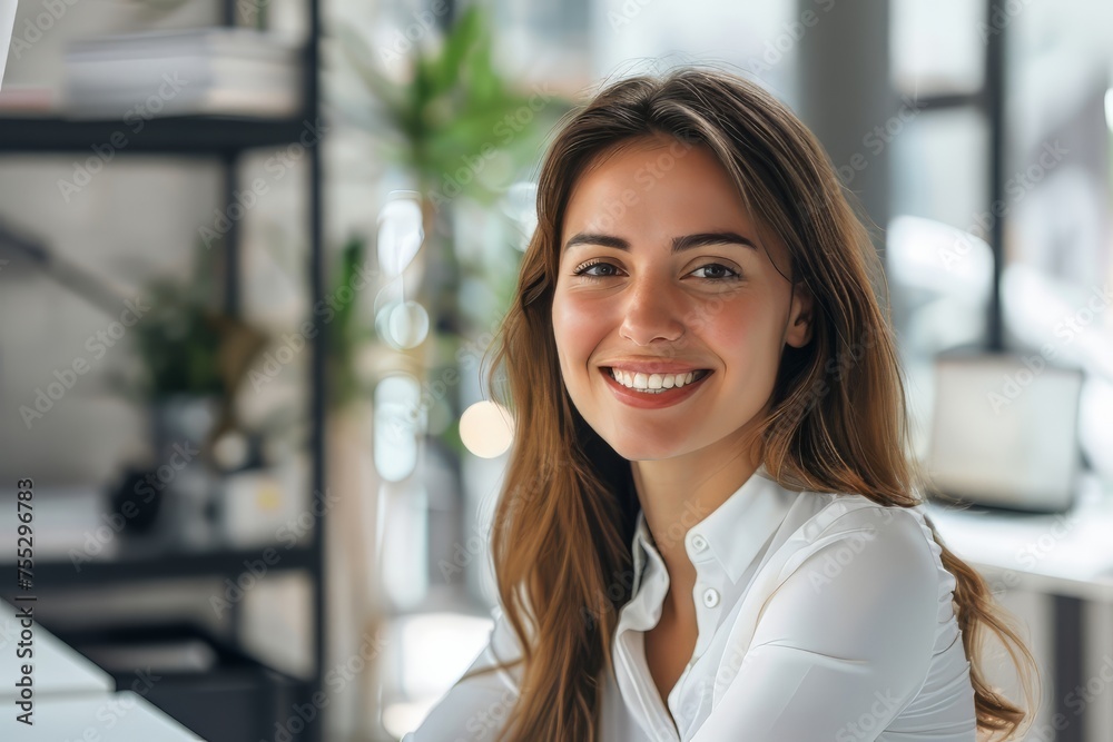 Smiling woman sitting at her desk in office. Happy business woman sitting in office Smiling woman sitting at her desk in office. Happy business woman sitting in office