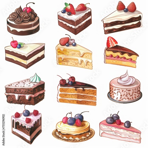 Clipart illustration with various cakes on a white background