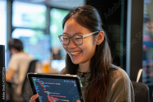 Smiling Asian young female programmer standing in office and working on tablet, Generative AI