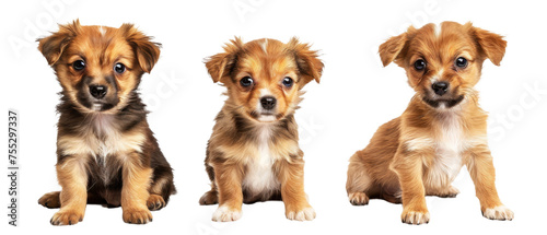 Three fluffy puppies sit with their faces obscured, inciting wonder and amusement on a white backdrop © Daniel