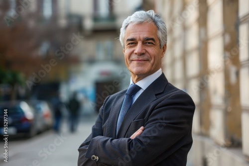 Portrait of mature gray-haired businessman, senior boss smiling and looking at camera with arms crossed, gray-haired man outside office building, successful investor and owner in business,GenerativeAI