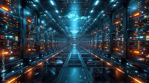 An ultra-modern data center with the most powerful server equipment. The data center.