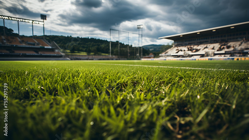 The grass view in a soccer stadium background