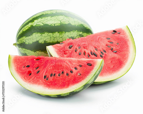 Whole watermelon fruit with slice isolated on white background. Close-up Shot. 