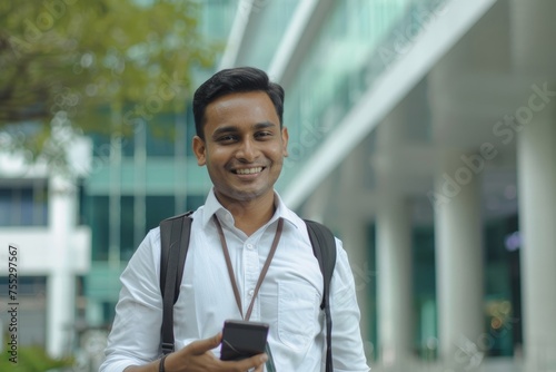 Successful young Hindu man walking outside office building, engineer software developer programmer smiling and happy using test app on phone, happy satisfied with result, Generative AI © Planetary Artist