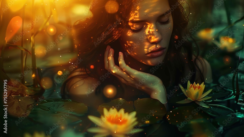 The image shows a close-up of a woman amidst what appears to be a tranquil pond setting. She is surrounded by water lilies, and her face is partially illuminated by a warm, glowing light that casts a 