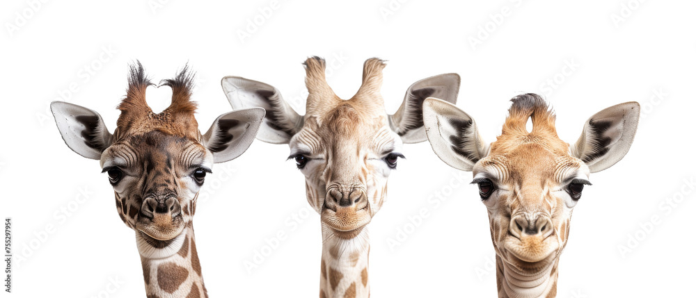 Fototapeta premium The engaging image presents three giraffes with distinctly different facial expressions, highlighting their unique personalities