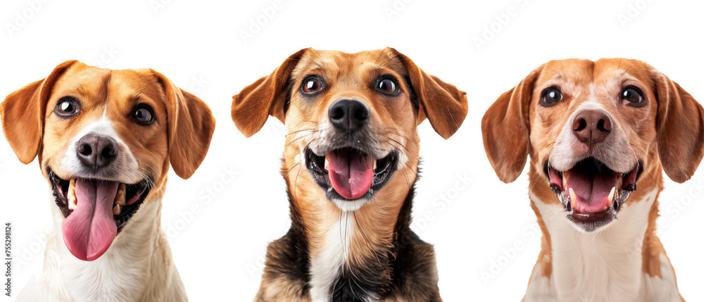 Two visibly happy and playful dogs on either side of the image with a third dog intentionally blurred in the center