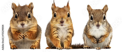 This image beautifully captures three chipmunks looking straight ahead with friendly and inviting expressions, exuding charm