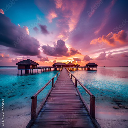 Fantastic sunset beach shore, wooden pier 
